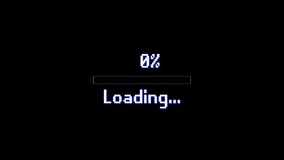 vintage loading bar, 80s 90s. Retro game style, white 4k animation with blue blurs. Ideal for upload and progress concepts. Black background