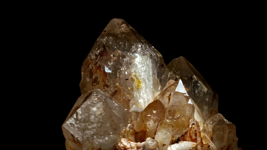 Cluster of brown smoky quartz crystals and black tourmaline