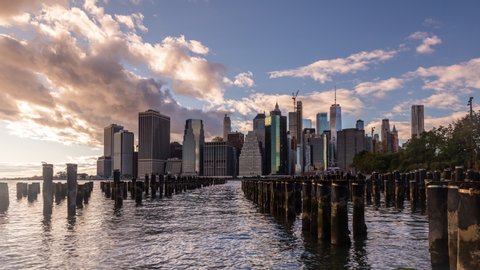 New York / New York - USA - October 13 2018: Time lapse from lower Manhatten seen from Brooklyn