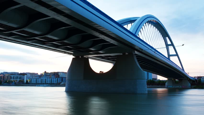 Bratislava time-lapse during sunset, view on Apollo Bridge