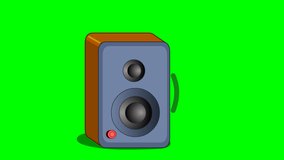 Loudspeaker amplifier. Random large and small speakers. Classic wood  2d rhythmic animation. Disco, rock music party. Movement of sound waves. Clear green screen, chroma key alpha background. 4K video