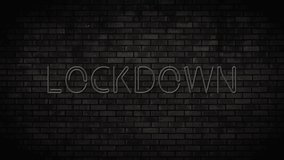 Neon lockdown on brick wall. Night Club Bar Blinking Neon Sign. Motion Animation. Video available in 4K FullHD and HD render footage.