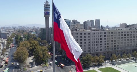 Santiago, Santiago Metropolitan Region, Chile - Circa March 2020: Aerial view of Palacio la Moneda in the historic center of Santiago de Chile. 4K.