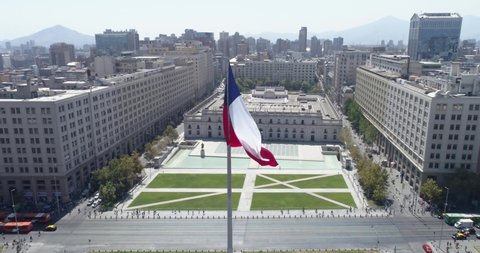 Santiago, Santiago Metropolitan Region, Chile - Circa March 2020: Aerial view of Palacio la Moneda in the historic center of Santiago de Chile. 4K.