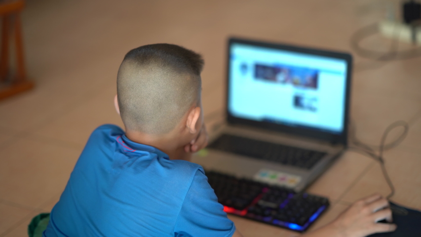 young Asian boy study from home concept.looking at the computer screen