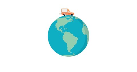 Pickup truck go around the world. Concept of fast delivery. Animation of graphic motion isolated on white background.