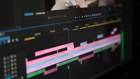 Work in the program for video editing on personal computer or laptop close up. Navigation in a computer program. Cursor movement. Work in the home office. Online courses on the Internet. Closeup 4K