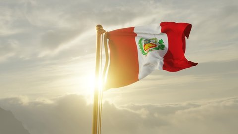 Flag of Peru Waving in the wind, Sky and Sun Background, Slow Motion, Realistic Animation, 4K UHD 60 FPS Slow-Motion