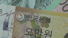South Korean won banknote issued by the Bank of Korea. Stock video footage.