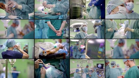 Collage multi-shot of the operating room in a hospital, close-up shooting of surgeons and nurses, they have medical masks on their faces, shooting of IVS, catheters, syringes, injections and patients.