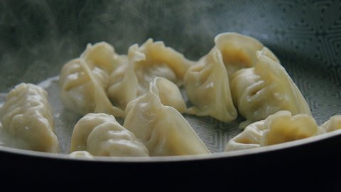 Super Slow Motion Close up Shot of a Steamy Pan With Potstickers Chinese Dumplings Ready To Eat - Dim Sum Traditional Asian Cuisine