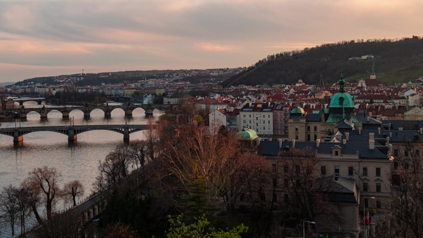 Prague city skyline with architecture and urban time lapse view in Czech Republic.