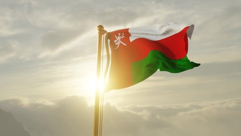 Flag of Oman Waving in the wind, Sky and Sun Background, Slow Motion, Realistic Animation, 4K UHD 60 FPS Slow-Motion