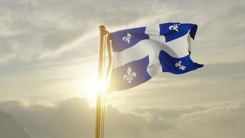 Flag of Quebec Waving in the wind, Sky and Sun Background, Slow Motion, Realistic Animation, 4K UHD 60 FPS Slow-Motion