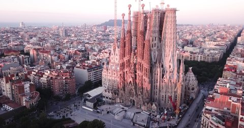 BARCELONA, SPAIN- JUNE 13, 2019: Aerial panoramic view of modern urban landscape in Barcelona with Sagrada Familia