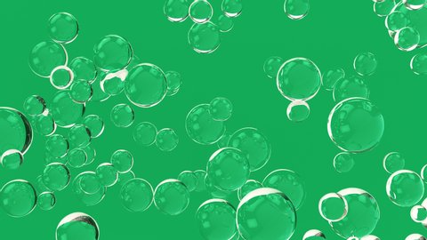 Bubble oil on water background green color. Flying abstract glass or water blobs or drops. 3d animation of 4k UHD. Soap Bubbles Isolated