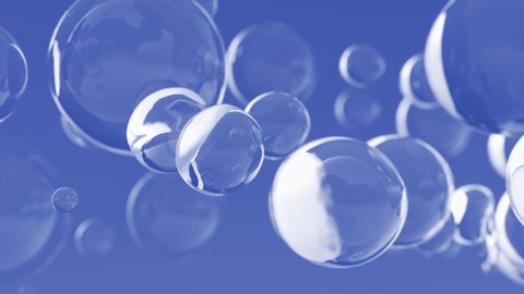 Bubble oil on water background blue color. Flying abstract glass or water blobs or drops. 3d animation of 4k UHD. Soap Bubbles Isolated Stock Video