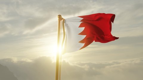 Flag of Bahrain Waving in the wind, Sky and Sun Background, Slow Motion, Realistic Animation, 4K UHD 60 FPS Slow-Motion