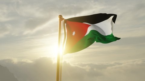 Flag of Jordan Waving in the wind, Sky and Sun Background, Slow Motion, Realistic Animation, 4K UHD 60 FPS Slow-Motion