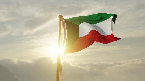 Flag of Kuwait Waving in the wind, Sky and Sun Background, Slow Motion, Realistic Animation, 4K UHD 60 FPS Slow-Motion