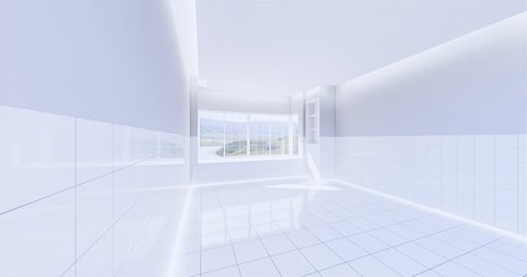 3d render of empty toilet room or bathroom. Interior decor by tile floor and tile wall that new, clean and reflection with light from window. Grid line in perspective view. Move rotate for background.