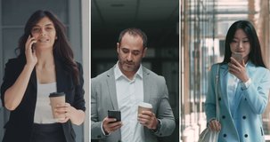 Three portraits of successful diverse business people using their smart phones to make a call or surf internet at the offices - success, diversity, communication concept 4k footage