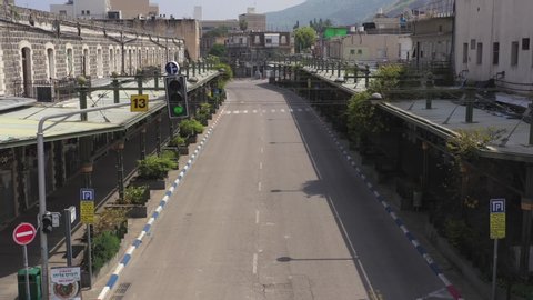 Tiberias, Israel - April 15, 2020: Corona Virus lockdown over Tiberias streets  with no people or traffic due to government guidelines, Aerial view.