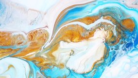 Fluid art painting video, trendy acryl texture with flowing effect. Liquid paint mixing backdrop with splash and swirl. Detailed background motion with golden, white and turquoise overflowing colors