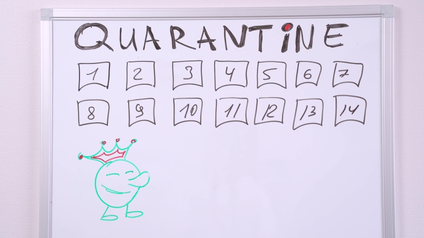 The human hand striking out the number 1 from two rows of figures on the wall board with inscription Quarantine. Concept of isolation, indoors.