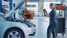 Female Mechanic Uses a Tablet Computer with an Augmented Reality Diagnostics Software. Specialist Inspecting Car's V6 Engine in Order to Find Broken Components. Hi-tech Modern Car Service. - Powered by Shutterstock - Get 15% off with code: PIKWIZARD15