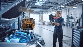 Female Mechanic Uses a Tablet Computer with an Augmented Reality Diagnostics Software. Specialist Inspecting Car's V6 Engine in Order to Find Broken Components. Hi-tech Modern Car Service. - Powered by Shutterstock - Get 15% off with code: PIKWIZARD15