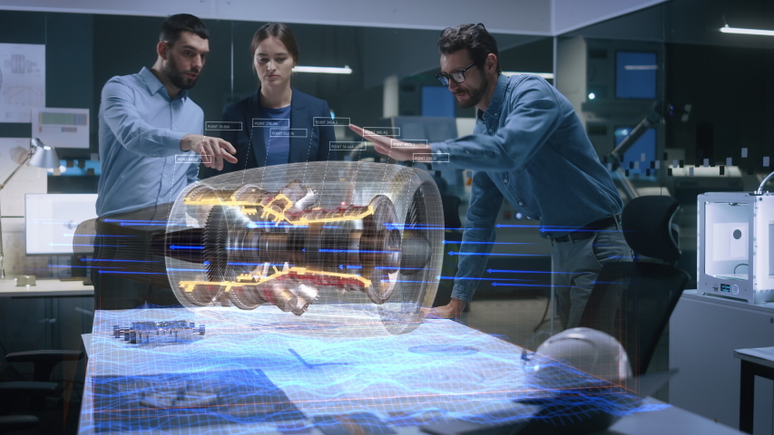 Aeronautics Factory Office Meeting Room: Team of Diverse Engineers and Managers Work on an Augmented Reality Airplane Jet Engine Simulation. Modern Industry 4.0 Research and Development Test. | Shutterstock HD Video #1050816415