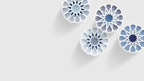 Rotating ornamental stars, arabesque with arabic patterns. Moving blue abstract geometric objects, white background. Ramadan, Eid ul Adha graphic animation, slow motion, loopable. Islamic design.