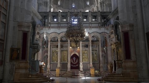 JERUSALEM, ISRAEL - JUNE 19, 2015: Tilt shot of the Katholikon or Catholicon Chapel with the throne of the Greek Orthodox Patriarch in Church of the Holy Sepulchre.