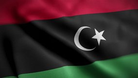 Waving flags of Libya close-up. Digital render. Realistic animation. Loop video. Full HD