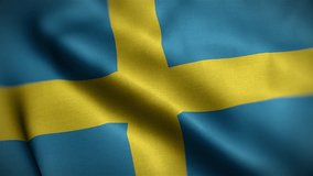 Waving flags of Sweden close-up. Digital render. Realistic animation. Loop video. Full HD