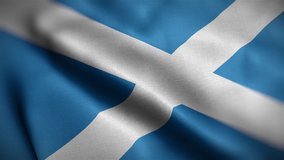 Waving flags of Scotland close-up. Digital render. Realistic animation. Loop video. Full HD