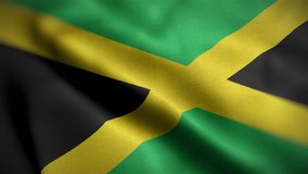 Waving flags of Jamaica close-up. Digital render. Realistic animation. Loop video. Full HD