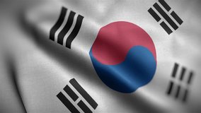 Waving flags of South Korea close-up. Digital render. Realistic animation. Loop video. Full HD