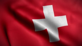 Waving flags of Swiss Switzerland close-up. Digital render. Realistic animation. Loop video. Full HD