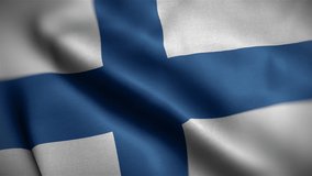 Waving flags of Finland close-up. Digital render. Realistic animation. Loop video. Full HD