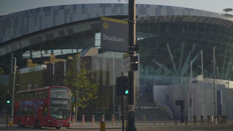 Tottenham Hotspur Stadium, London / UK - April 17 2020: Tottenham Hotspur Stadium, Camera pans to entrance.