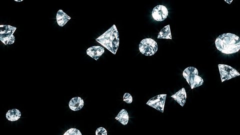 Beautiful bright diamonds falling on a transparent background. Slow motion 3d animation. Seamless loopable.