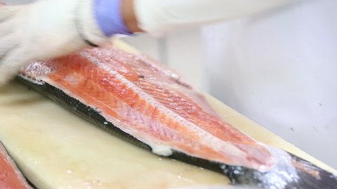 Close up shot of workers cutting salmon in the factory, salmon fillet.