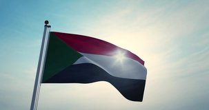 Sudan flag flying backlit in the sky. Waving Sudanese emblem and flagpole in sunlight - Video 3d animation