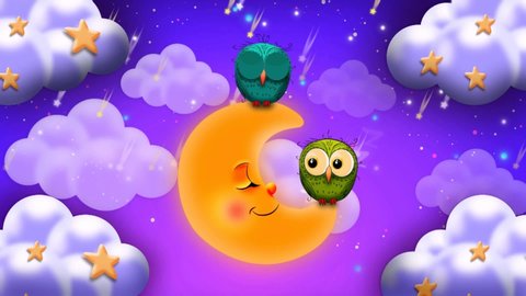 Cute owls on moon cartoon and the beautiful night sky,
loop motion background 4K.