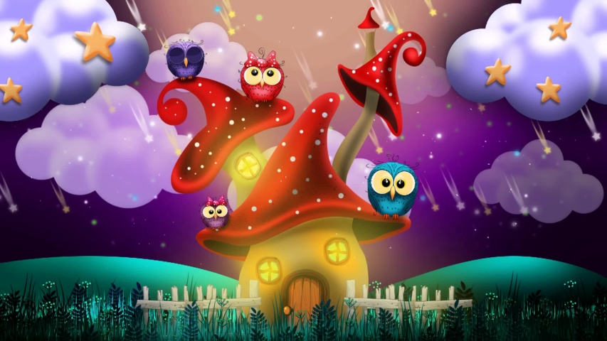 Home mushroom fantasy set against a beautiful night sky, presented in a loop motion background in 4K. Perfect for creating a whimsical and enchanting atmosphere.