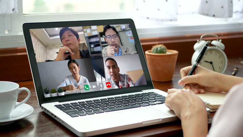 4K. work from home. people making video conference with colleagues via laptop computer during self isolated to avoid spreading illness transmission of COVID-19 Coronavirus outbreak. home quarantine | Shutterstock HD Video #1050860371