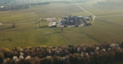 Dorking, Surrey, UK- APRIL, 2020: Aerial view of Denbies Wine Estate, a large English vinyard, farm shop and visitor attraction in the Surrey Hills 