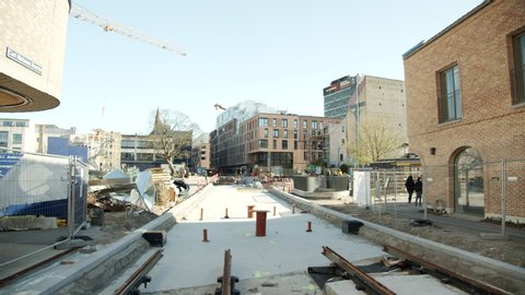 Odense, Denmark - April 20, 2020: new central street construction with light rail 